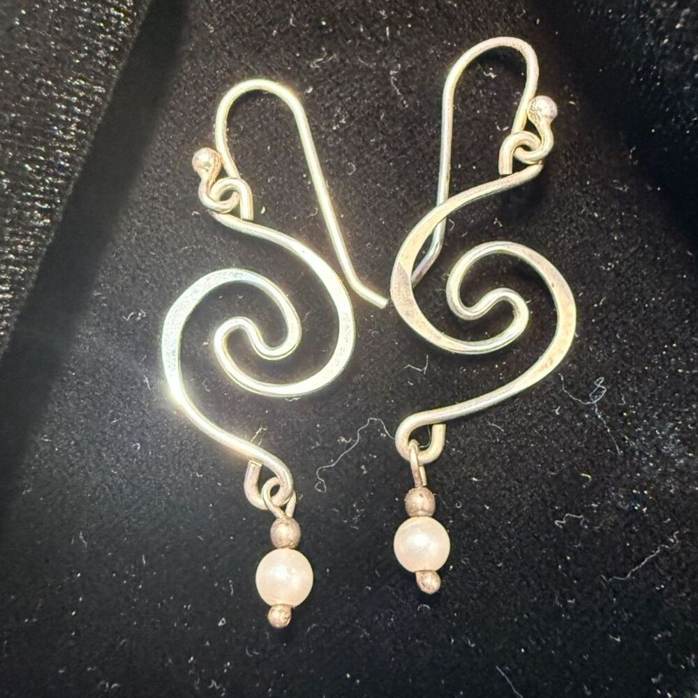 Vintage Artisan Wire Wrapped Silver Dangle Earrings with Pearl Accents